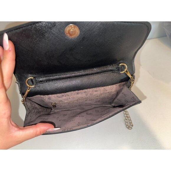 Vintage Purse Small Black Leather Flower Applique Party Cocktail Shoulder Chain - Picture 2 of 8